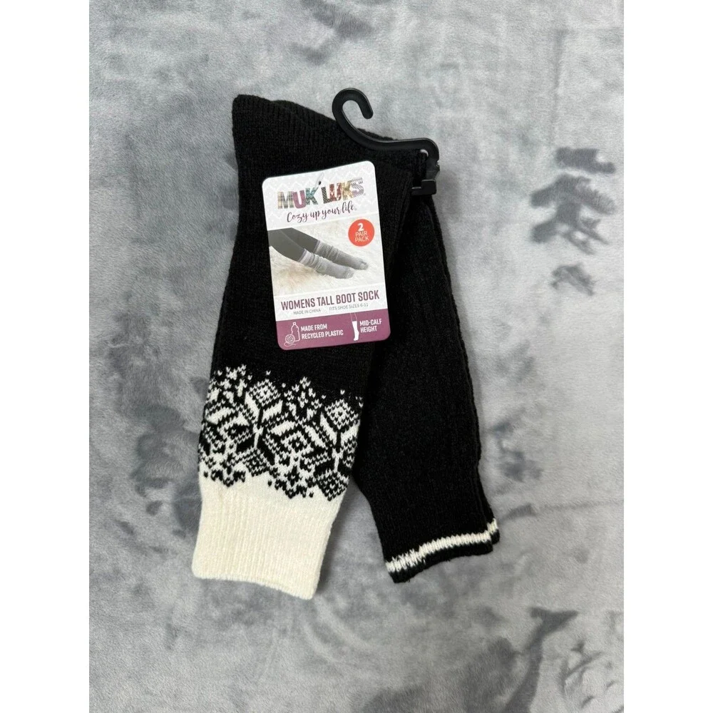 Muk Luks Women’s 2 Pair Pack Tall Boot Socks Mid-Calf Height size 6-11 Black